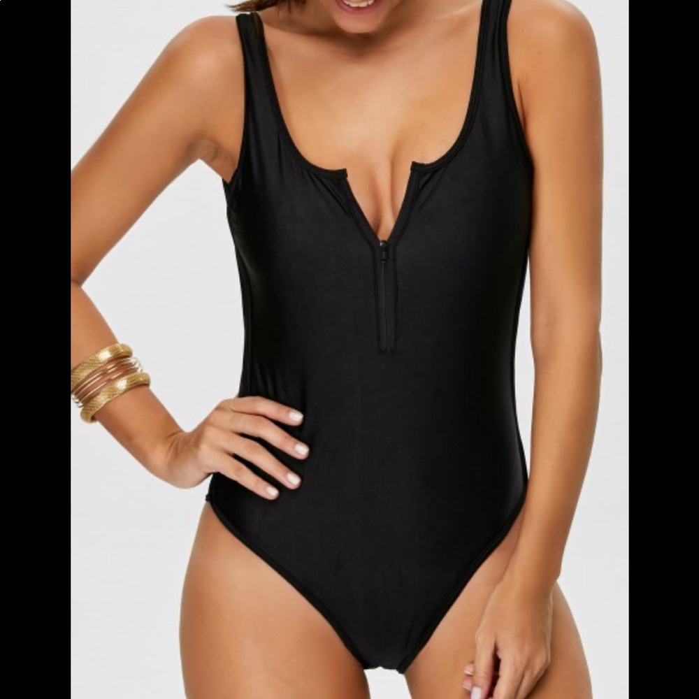 ZAFUL Backless Zipper Front Swimsuit - Black S